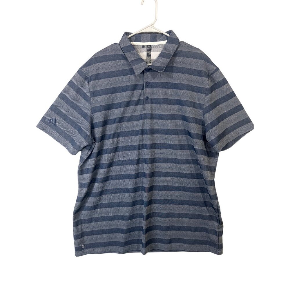 Adidas Mens Blue & Gray Striped Polo Shirt 2XL Classic Fit Collared EUC